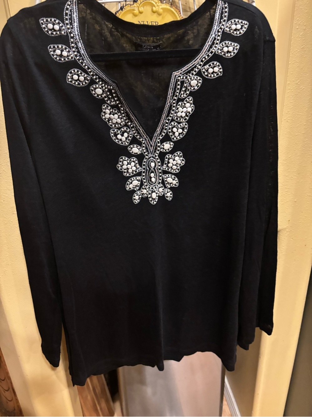 Lisa International Black Long-Sleeve Top with White Beaded V-Neck